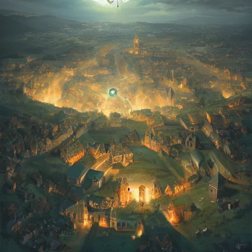 Image similar to aerial view of a medieval town situated below a glowing orb hanging in the sky. by alan lee by peter mohrbacher, trending on artstation sharp focus vfx key shot