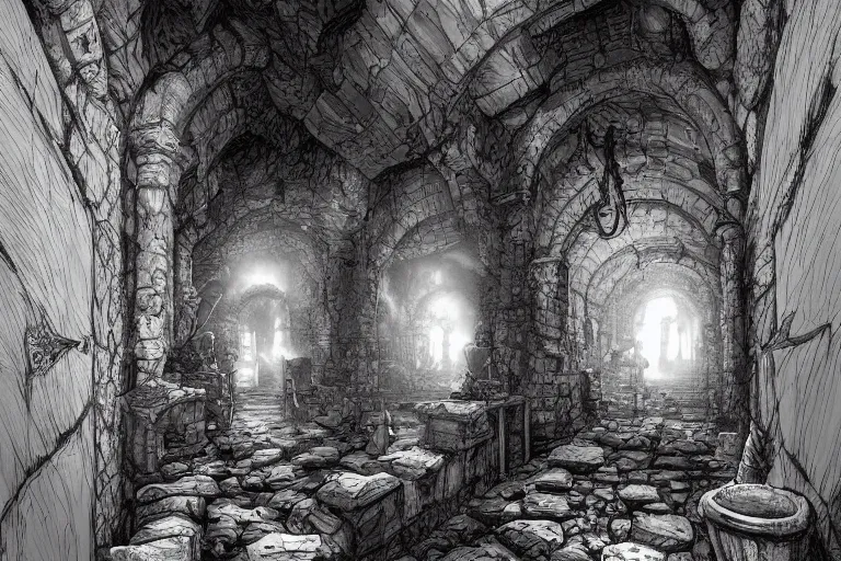 Image similar to black and white one point perspective dungeon cozy fantasy dungeon hallway view with pit in the middle of the ground by artgerm and Craig Mullins, James Jean, Andrey Ryabovichev, Mark Simonetti and Peter Morbacher 16k