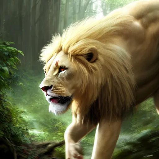 Image similar to commission portrait of a male anthro albino lion,wearing cargo pants and a boack t-shirt,going through a jungle cautiously.dramatic,character design by charles bowater,greg rutkowski,ross tran,hyperdetailed,hyperrealistic,4k,deviantart,artstation,professional photography,concept art