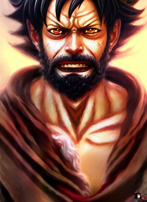 Image similar to luffy as _ fantasy _ style _ portrait _ painting _ of middle eastern male brown wavy hair beard, rpg dnd oil _ painting _ unreal _ 5 _ daz. _ rpg _ portrait _ extremely _ detailed _ artgerm _ greg _ rutkowski _ greg