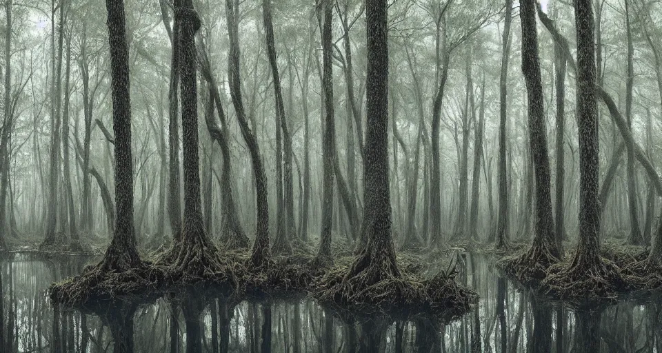 Image similar to A dense and dark enchanted forest with a swamp, by Alyssa Monks