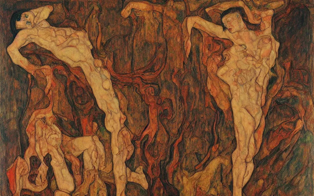 Image similar to a painting by egon schiele with influence of zdzisław beksinski, alfred kubin, oskar kokoschka, and egon schiele
