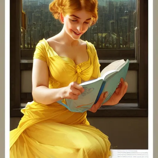 Image similar to a smiling beautiful woman wearing a yellow dress and reading a book, masterpiece, intricate, elegant, highly detailed, digital painting, artstation, concept art, smooth, sharp focus, illustration, art by artgerm and greg rutkowski and alphonse mucha and uang guangjian and gil elvgren and sachin teng, symmetry!!