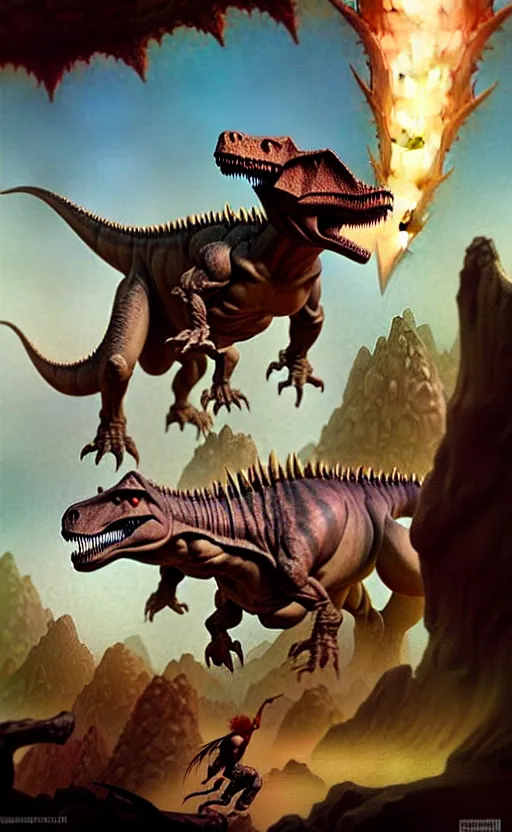 Prompt: dinosaur fantasy world by by frank frazetta and boris vallejo and greg rutkowski