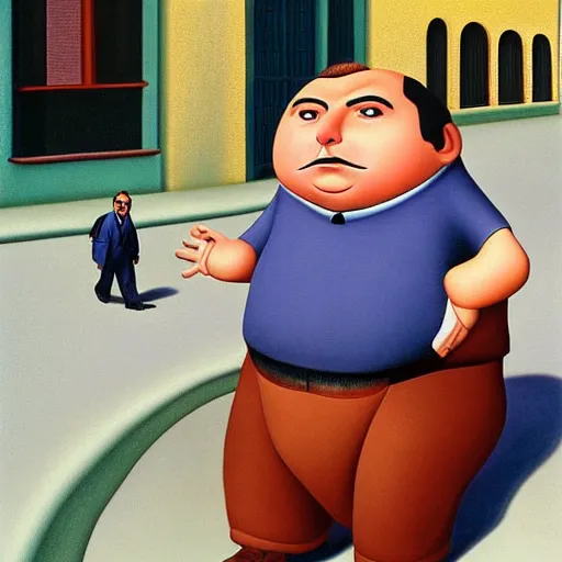 Prompt: mr. bean walks down a street on a sunny day by fernando botero