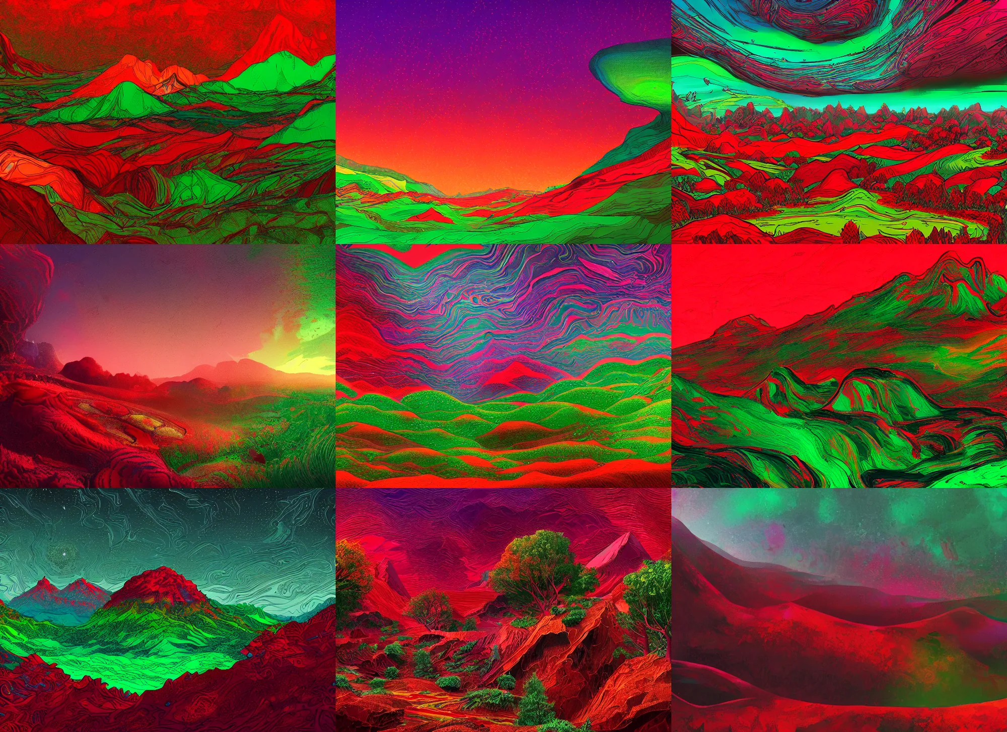 Prompt: psychedelic landscape, red and green tones, high detailed, centered, depth effect, concept art, trending on artstation