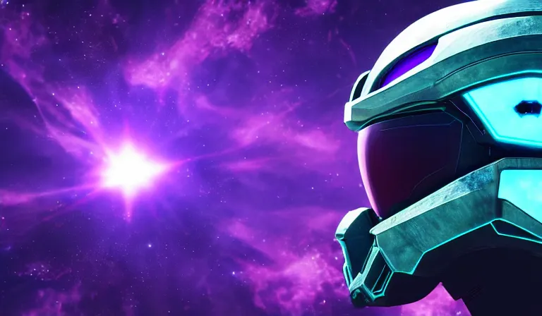 Prompt: cyberpunk halo helmet purple star visor floating in space with reflections, epic, dramatic, photorealistic, award winning, 8k,