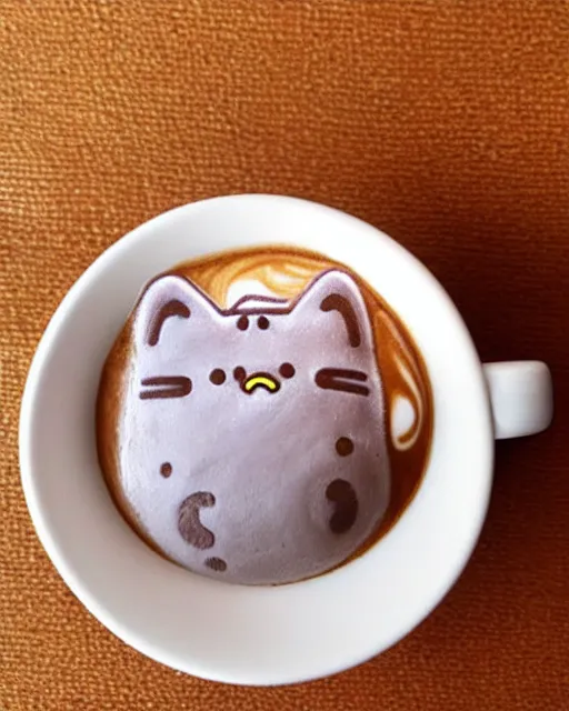 Prompt: beautiful coffee latte art shaped like pusheen, cute stylized art by sam nassour, pastel sparkles