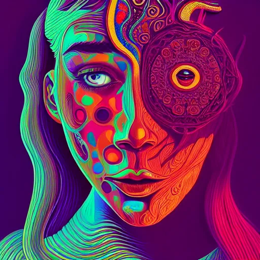 Image similar to An extremely psychedelic portrait, surreal, LSD, face, detailed, intricate, elegant, lithe, highly detailed, digital painting, artstation, concept art, smooth, sharp focus, illustration, art by Kilian Eng