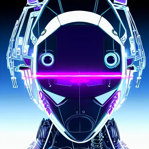 Image similar to Head of a robot with purple glowing eyes in cyberpunk neon Tokyo in style of Tsutomu Nihei. Cyberpunk, vertical symmetry, 8K, Highly Detailed, Intricate.