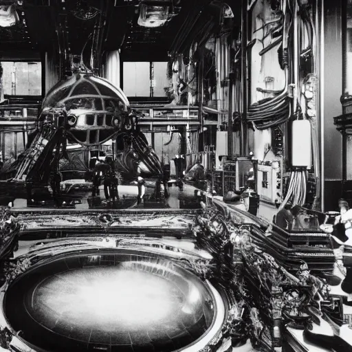 Image similar to scientists discovering an alien spacecraft inside a research center, 1 9 2 0's sci - fi, black and white, 8 k, highly ornate intricate details, extreme detail,