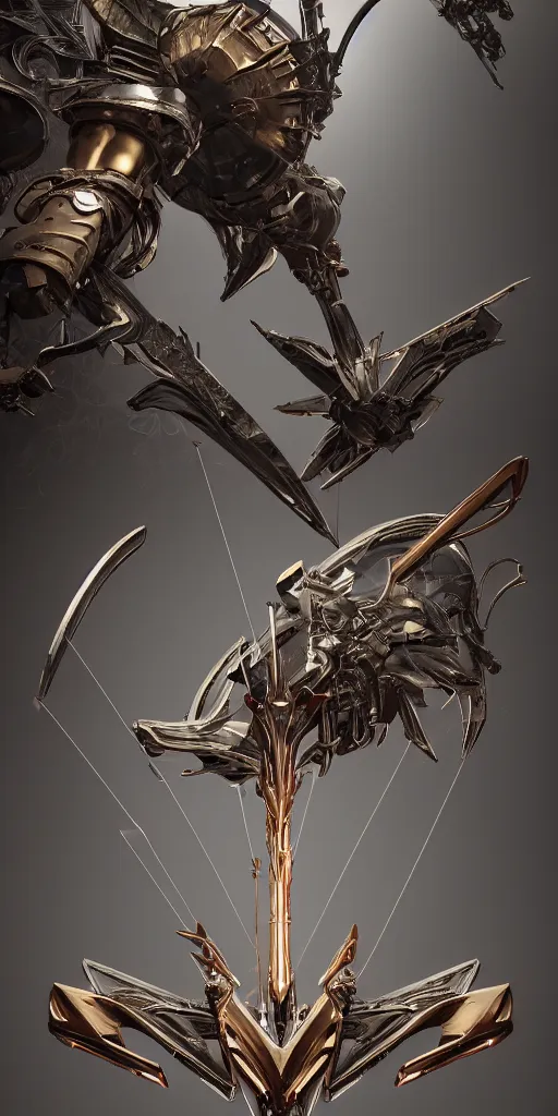 Image similar to a beautiful delicate huge mega bow and arrow weapon, solid background, electron flow, android, mechanical, metal, weapon design, fine texture structure, hyper detailed, perfect shadows, atmospheric lighting, 3 d render, in the style of pascal blanche and sparth juan zigor samaniego, paul pepera pablo roldan, displayed in the exhibition hall, 4 k hd