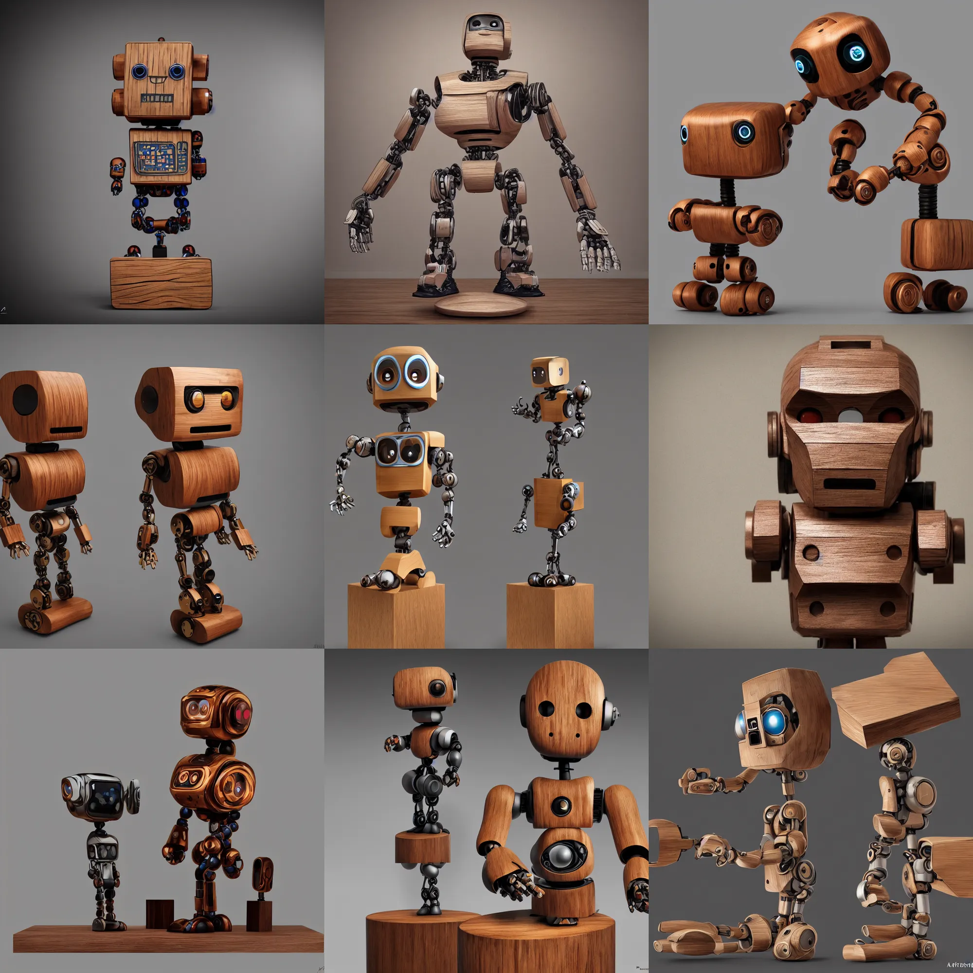 Prompt: 8 k photorealistic, a wooden art toys on a pedestal, cute robot wooden, cyberpunk, concept art, contemporary art gallery, art by afshar petros an davis alan