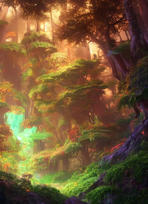 Image similar to glowwave drawing of humongous enchanted forest biome from genshin impact, au naturel, hyper detailed, digital art, trending in artstation, cinematic lighting, studio quality, smooth render, unreal engine 5 rendered, octane rendered, art style by klimt and nixeu and ian sprigger and wlop and krenz cushart.