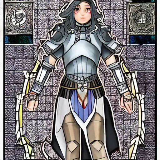 Prompt: fey wearing cuirass, epic landscape background, stained glass armor, cell shading ambient occlusion, isometric character sheet, long hair