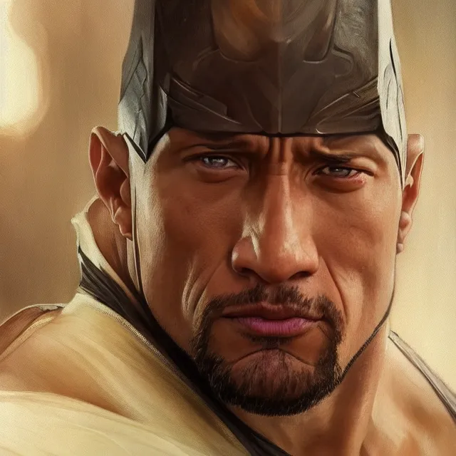 Prompt: 1 wlop and krenz cushart and alfons mucha detailed closeup portrait, digital concept of dwayne johnson as batman, sunbeam, unreal engine, hyperrealism, cinematic composition, blender render, octane render, hdr, detailed textures