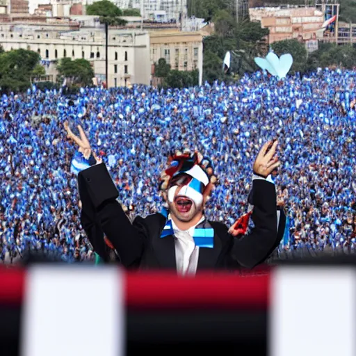 Image similar to Lady Gaga as president, Argentina presidential rally, Argentine flags behind, bokeh, giving a speech, detailed face, Argentina