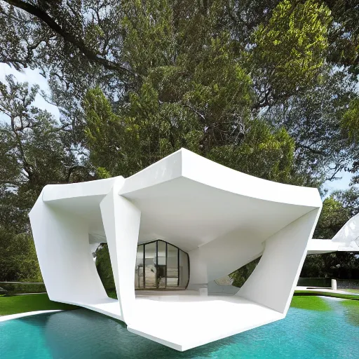 Image similar to evolving fractal, flowing white architectural Villa, futuristic 3D, voronoi pattern of a timber-frame pool pavilion with magnolias on the roof has its own guest entry and distinct areas for cooking, dining, and relaxing, the dining rotunda has a built-in pizza oven and a custom-designed table to accommodate eight to 16 people, the center section of the structure features the kitchen and bar, the lounge rotunda provides a covered seating area located adjacent to the fireplace, the pavilion’s ceiling has a floral motif that mimics a magnolia tree near the pool slide, sun rays through the pavilion structure, lush botanical trees, prairie landscaping, sunrise, golden hour, illuminated pool, fluffy clouds