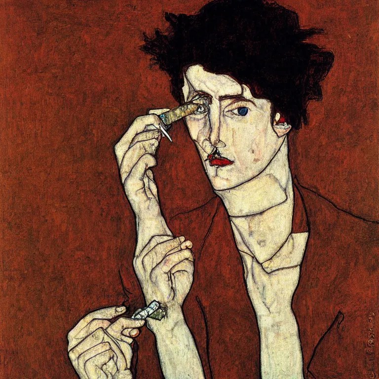 Prompt: portrait of a loner smoking a cigarette by egon schiele