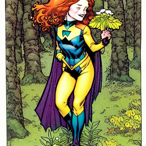 Image similar to A cute little Jean Grey by xmen collecting flowers in the forest. Absurdly-detailed fantasy character illustration by Rebecca Guay and Wayne Reynolds