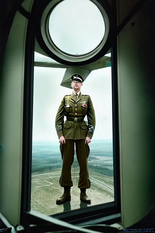 Image similar to kodak portra 5 0 mm f 4 full body portrait photography of a wwii airborne infantry soldier who's a mix of gillian anderson and adam driver, looking exhausted, setting is inside a sci fi megastructure tower looking out a window, photo by erwin olaf