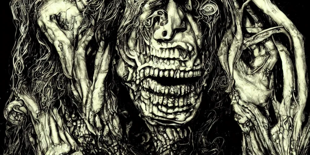 Image similar to mick jagger has an hp lovecraft fantasy horror dream, style of h.r. giger,
