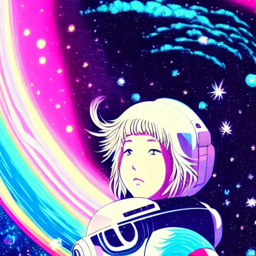 Prompt: portrait of a young astronaut girl, flowing white hair, ghibli, yoshitoshi abe, loish, murata range, synthwave, cosmic, kawaii,high contrast bright colors, big anime eyes,studio lighting, manga, anime, 1980s, vibrant, beautiful, dreamy, gradation, jean giraud, ((space nebula background))