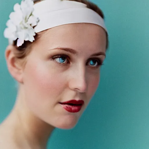 Prompt: a photograph of beautiful nordic woman wearing a white folkdrakt dress, she has a summer flower headband. against a teal studio backdrop. close - up. strong kodak portra 4 0 0 film look. film grain.