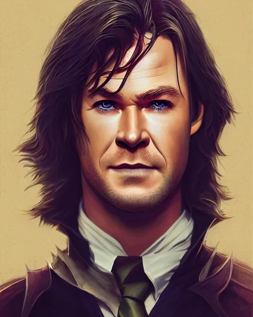 Image similar to portrait of Chris Hemsworth as Professor Snape by Stanley Artgerm Lau, WLOP, Rossdraws, James Jean, Andrei Riabovitchev, Marc Simonetti, and Sakimichan, trending on artstation