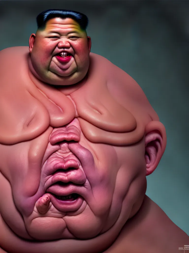 Image similar to hyperrealistic rendering, fat smooth cronenberg flesh monster kim jong - un by donato giancola and greg rutkowski and wayne barlow and zdzisław beksinski, product photography, action figure, sofubi, studio lighting, colored gels, colored background