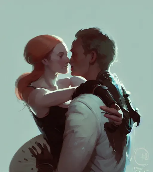 Image similar to portrait of anders from dragon age hugging a beautiful woman by atey ghailan, by greg rutkowski, by greg tocchini, by james gilleard, by joe fenton, by kaethe butcher, dynamic lighting, gradient light blue, brown, blonde cream and white color scheme, grunge aesthetic