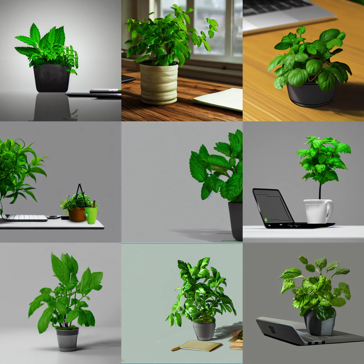 Prompt: green plant, herb sitting at the table with opened laptop and many written papers, concept art, artstation, 8k, realistic