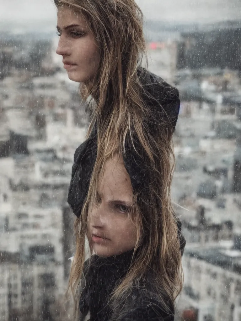 Image similar to cute model annie leonhart posing in dunwall city on building roof, beautiful face, detailed face, realistic eyes, cinematic lighting, rainy weather, melancholy atmosphere, volumetric light, gothic architecture, realistic reflections, model agency, instagram photo, depression atmosphere, shot on sony a 6 4 0 0 camera, beauty filter, postprocessing