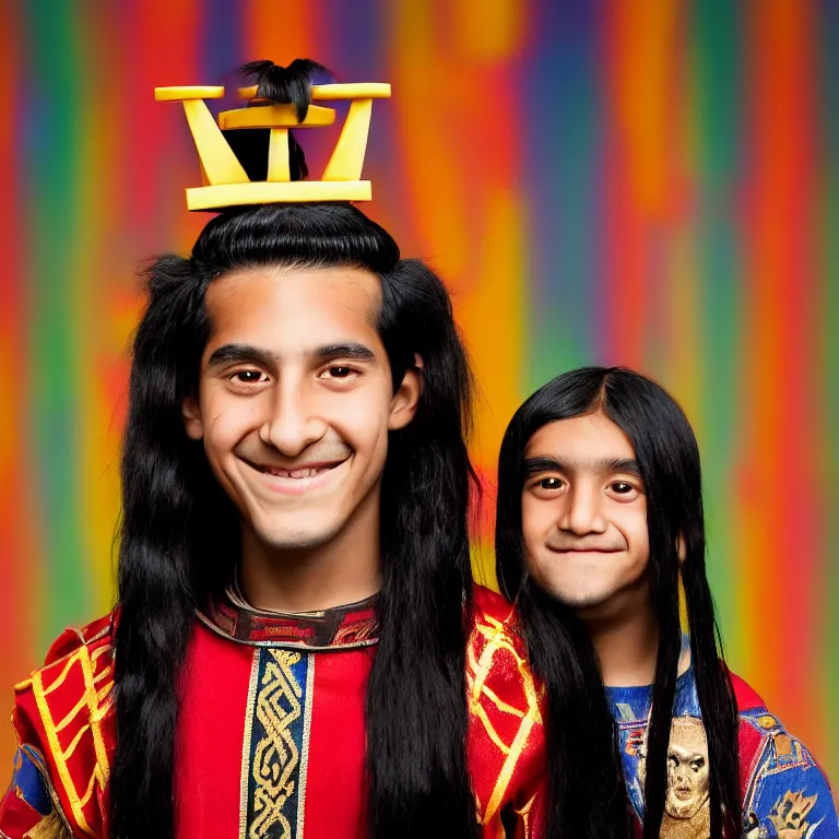 Prompt: A photo of Emperor Kuzco!!!!!!!!!!!!!!!! in his 12s, peruvian kid looking, with his long black hair, beardless, smiling with confidence, and wearing!!! his emperor clothes. Portrait by Terry Richardson. Golden hour. 8K. UHD. Bokeh.