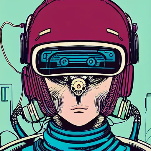 Image similar to Illustrated by Shepard Fairey and Moebius | Cyberpunk cute kitty with VR helmet, surrounded by cables