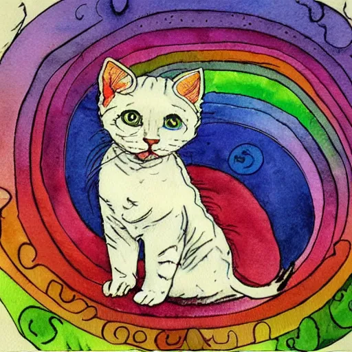 Prompt: a white kitten magically prismatically fractured into every color of the rainbow, watercolor by Louis William Wain,