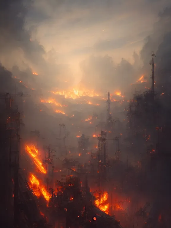 Image similar to photo of 8k ultra realistic oil wells on fire ,heavy clouds, smoke, full of colour, cinematic lighting, battered, trending on artstation, 4k, hyperrealistic, focused, extreme details,unreal engine 5, cinematic, masterpiece, art by Peter Mohrbacher