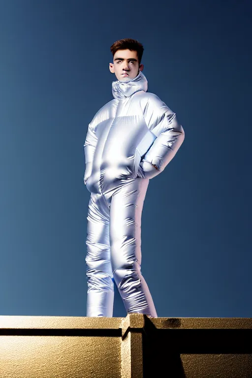 Image similar to un ultra high definition studio quality photographic art portrait of a young man standing on the rooftop of a british apartment building wearing soft baggy inflatable padded silver iridescent pearlescent clothing. three point light. extremely detailed. golden ratio, ray tracing, volumetric light, shallow depth of field. set dressed.