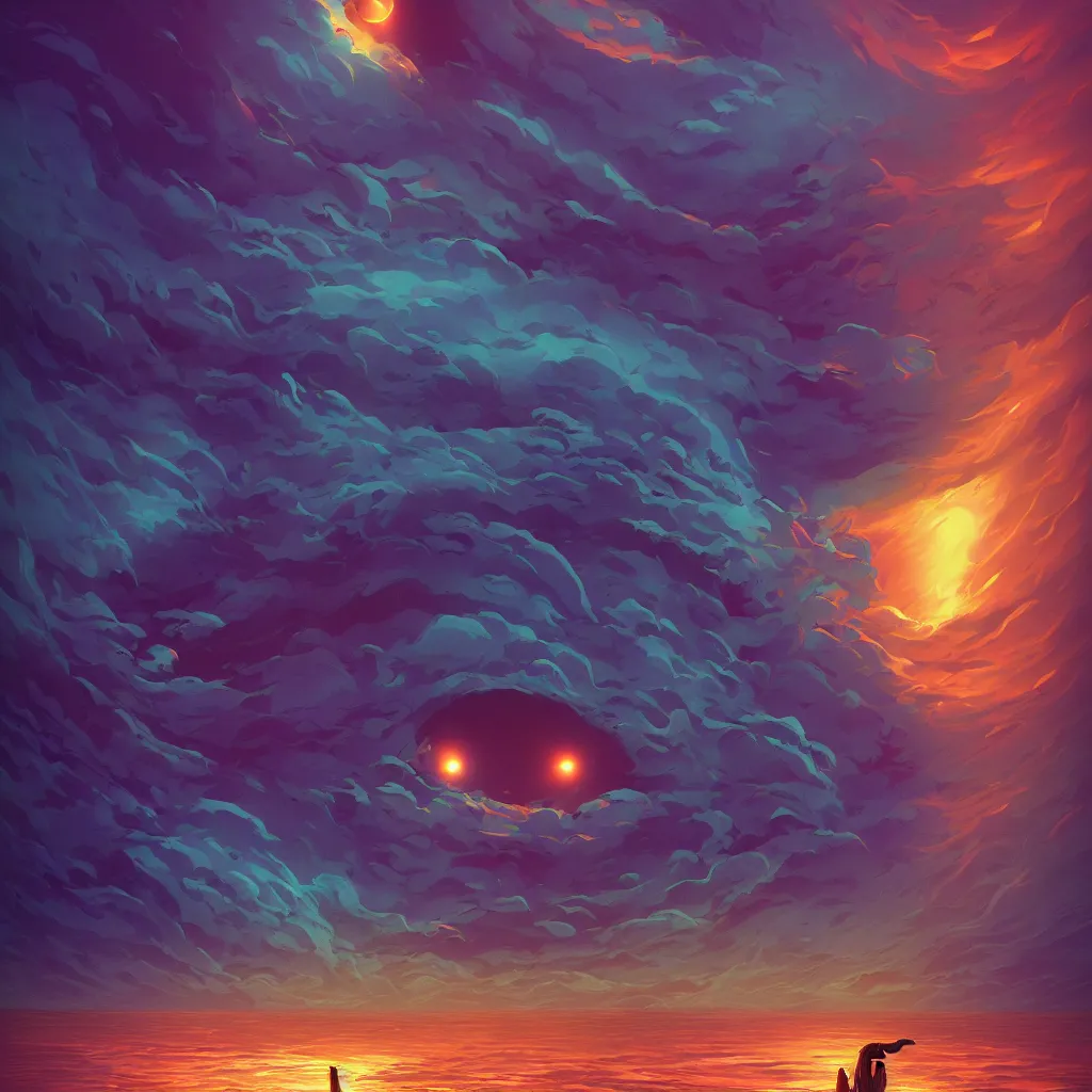 Image similar to Elemental colorful pixar moongate, digital matte black paper art pastiche by Moebius and by Cyril Rolando, Beautiful epic night fire seascape, pastiche by Moebius, Cyril Rolando, Shawn Coss, Junji Ito, and Roger Dean