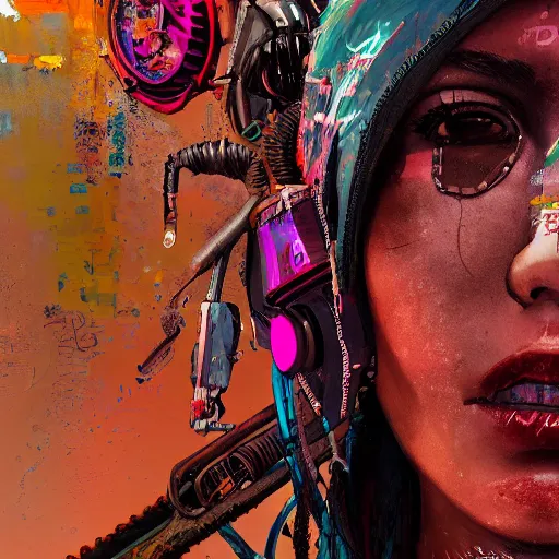 Image similar to highly detailed portrait of a post-cyberpunk south african young lady by Akihiko Yoshida, Greg Tocchini, 4k resolution, mad max inspired, wild neon color scheme with south african symbols and graffiti