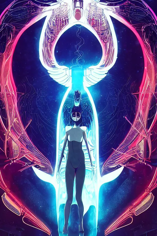 Image similar to white arc-angel with mystic robotic wings, blade runner, akira, ghost in the shell, 2077, style of Laurie Greasley and Satoshi Kon + symmetric lights and smoke, psychedelic effects , glowing particles, neon rain, glowing runes, de-noise, symmetrical composition, high detailed + tarot card, ornate border, 8k