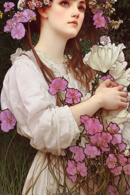 Prompt: realistic detailed full portrait of a cottagecore flowergirl in simple traditional modest peasant garb by Alphonse Mucha, Ayami Kojima, Amano, Charlie Bowater, Karol Bak, Greg Hildebrandt, Jean Delville, and Mark Brooks