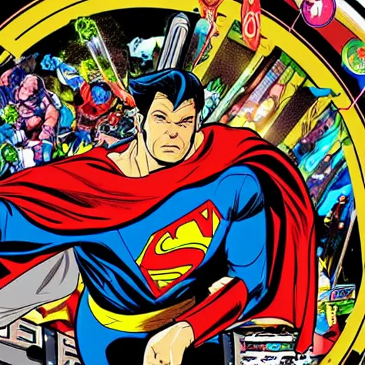 Image similar to a comic book super hero who is just really good at pinball and throws pinball machines he has a long cape his left hand is missing and instead is a launcher from a pinball machine, 4k, highly detailed, heroic pose, graphic novel, bright colors, dark lines
