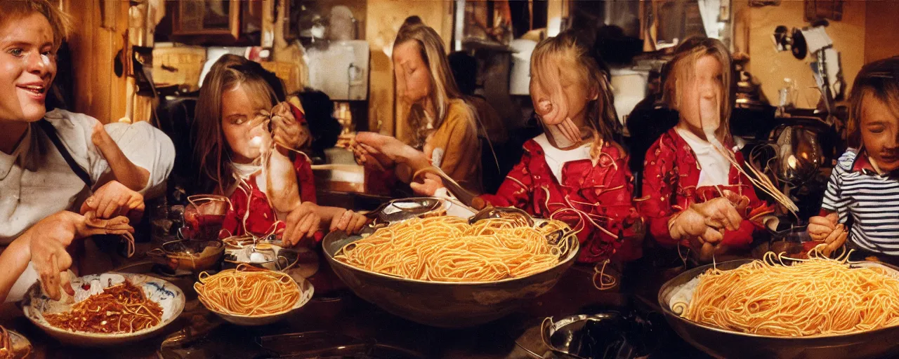 Image similar to celebrities eating spaghetti out of a giant bowl, high detailed face, facial expression, small details, intricate, canon 5 0 mm, cinematic lighting, photography, film, kodachrome