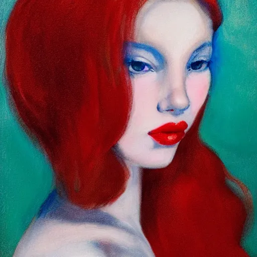 Image similar to Female model, red hair, coral lips, blue shadow, Edward Hopper style