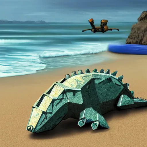 Image similar to a robot dinosaur is sleeping on the beach, photorealistic