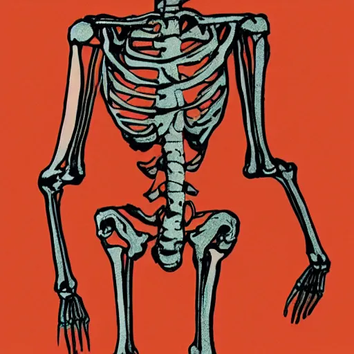 Image similar to vivid risograph of one skeleton on orange background