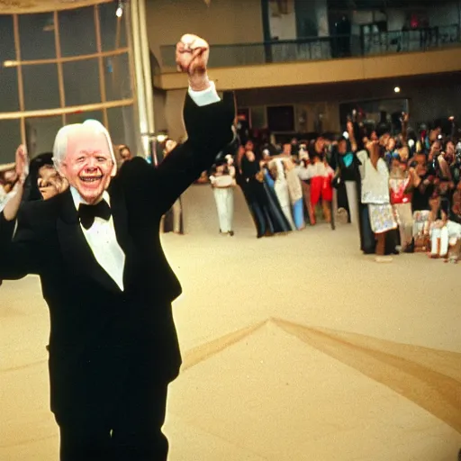 Image similar to President Jimmy Carter dancing his heart out. CineStill.