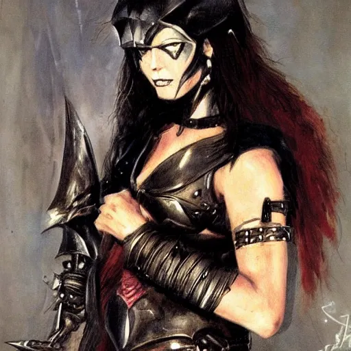 Image similar to portrait of a goth emo girl wearing armor and holding sword by frank fazetta simon bisley, fantasy, barbarian