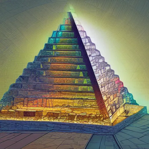 Prompt: bismuth pyramid with light emitting from the top, ancient city, digital painting, baroque